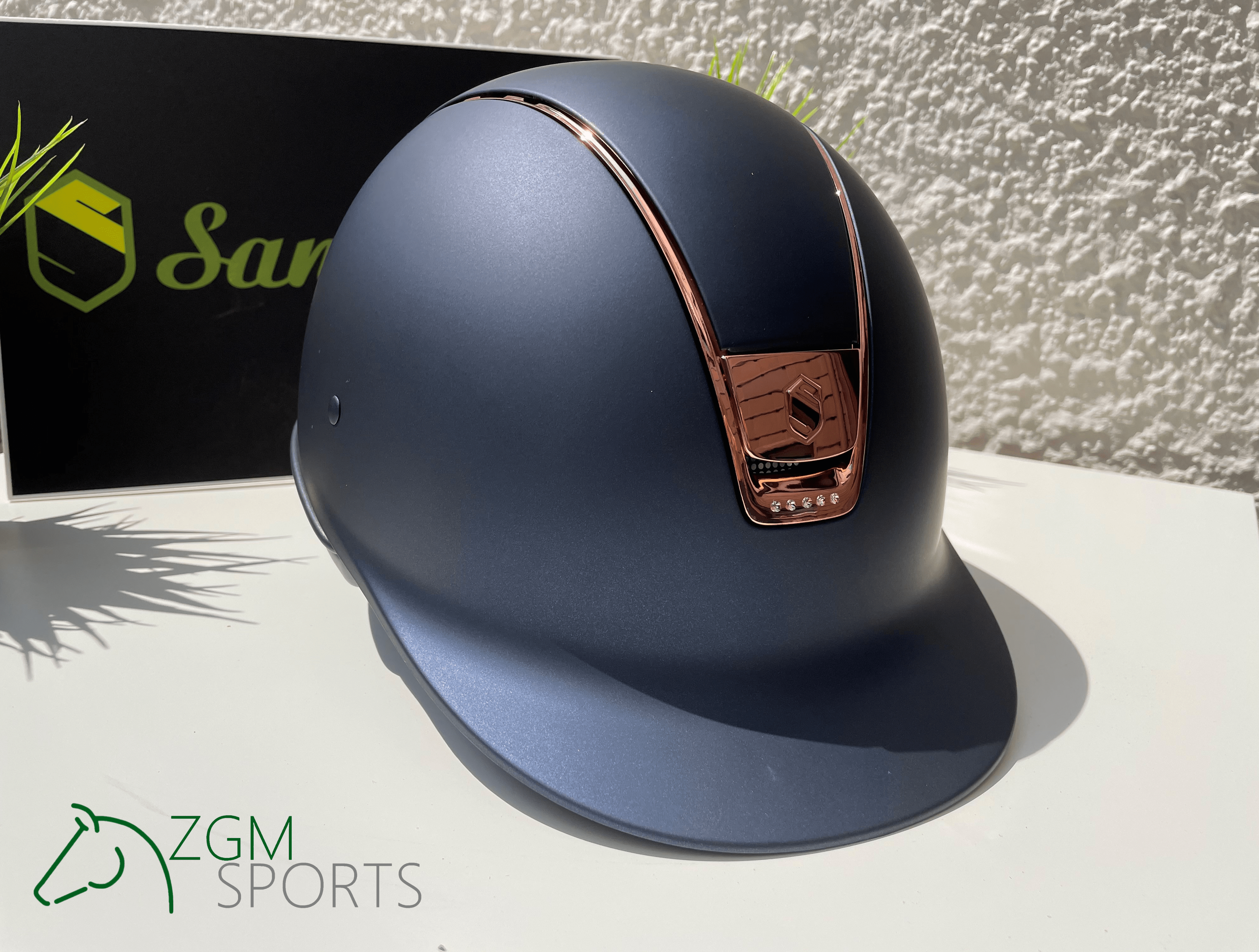SB Samshield Reithelm Classic Shadow Matt, Trim + Blason rose, 5 Swarovski vintage rose, blau