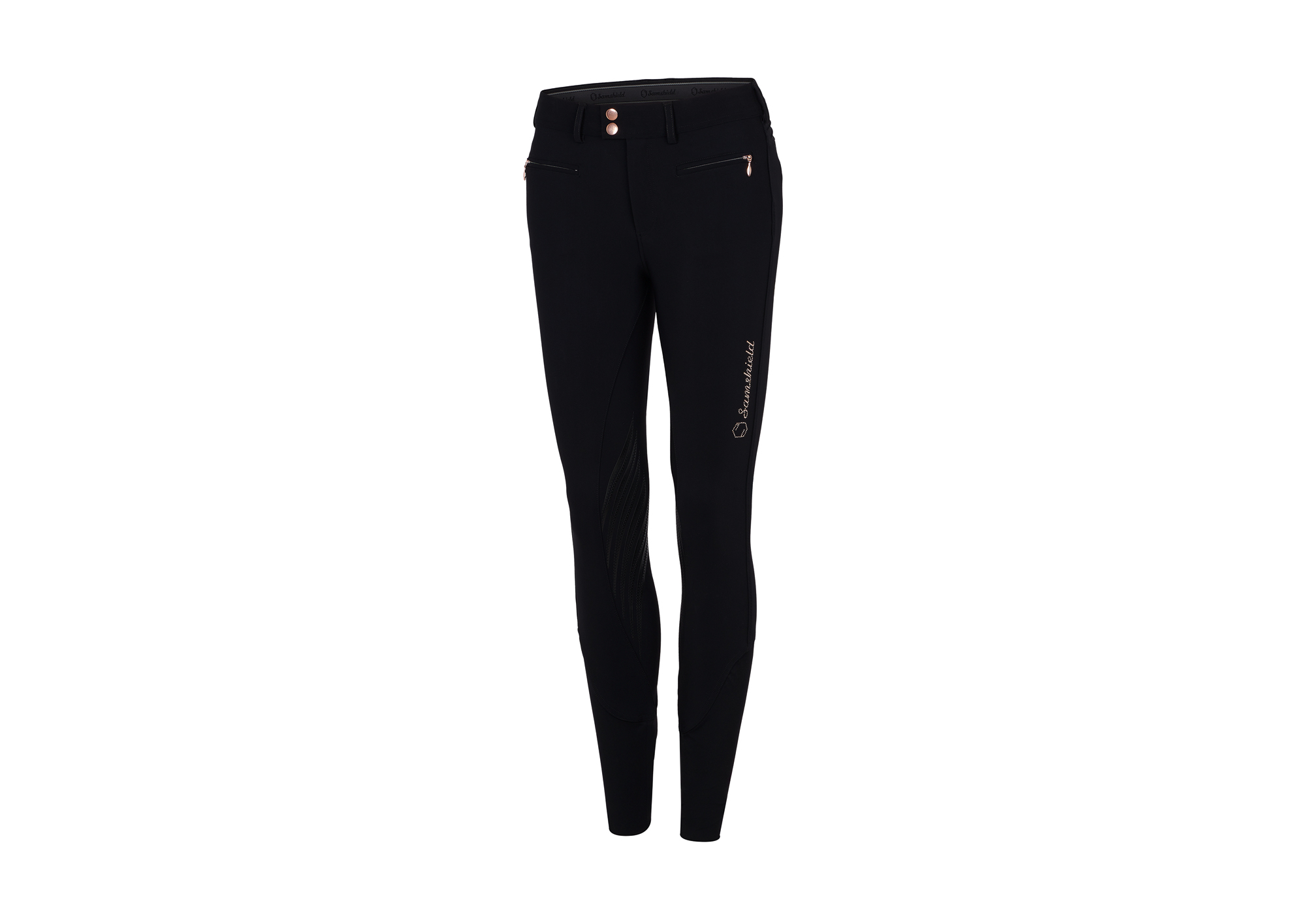 ADELE-BLACK_PINK_GOLD-01 Samshield FS21 Damen Reithose "Adele" Rose Gold mit Kniebesatz
